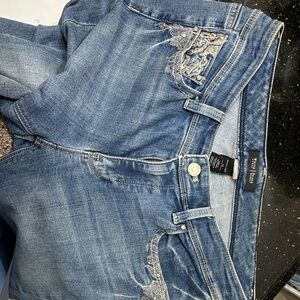 White House Black Market High Rise Blue Jeans with Silver Embroidery
